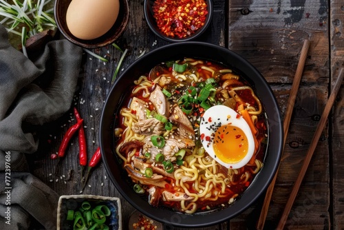 Ramen noodle soup with pork, egg and vegetables on wooden background