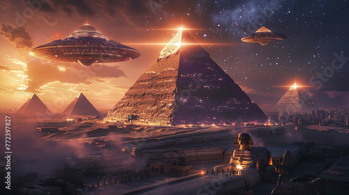 An alien ship seen above the ancient pyramids of Giza casting an otherworldly glow on the timeless monuments photo
