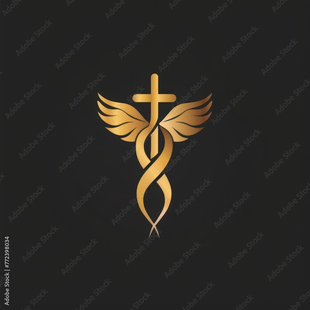 A golden caduceus symbol with wings and intertwined serpents against a ...