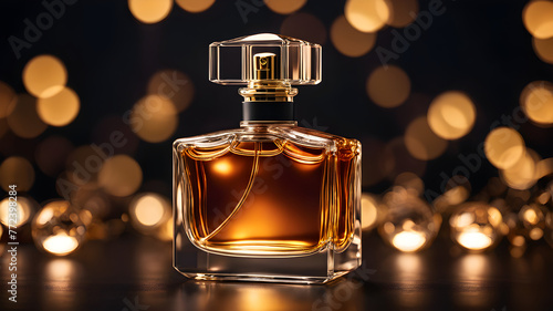 Imagine a golden perfume bottle surrounded by tags like glass, liquid, beauty, fragrance, creating an image of luxury and elegance in the world of cosmetics and scents