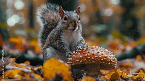  Squirrel perched atop pile of leaf-covered earth  adjacent to fungus  large mushroom crowning heap of leaves