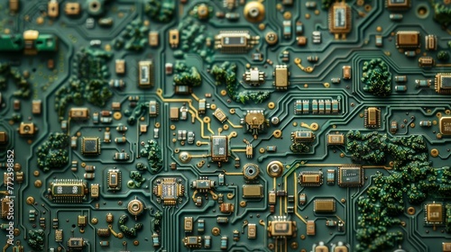 A close up of a computer chip with many small parts. Concept of complexity and intricacy, as well as the importance of technology in our lives