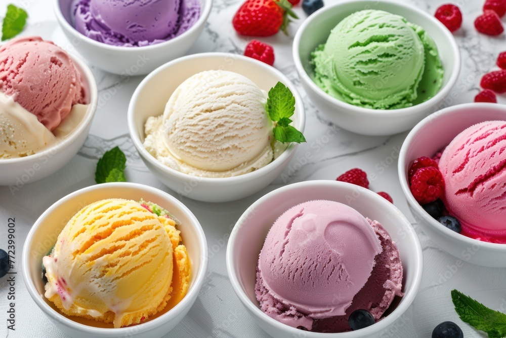Set of bowls with various colorful Ice Cream on white background Set of bowls with various colorful Ice Cream on white background