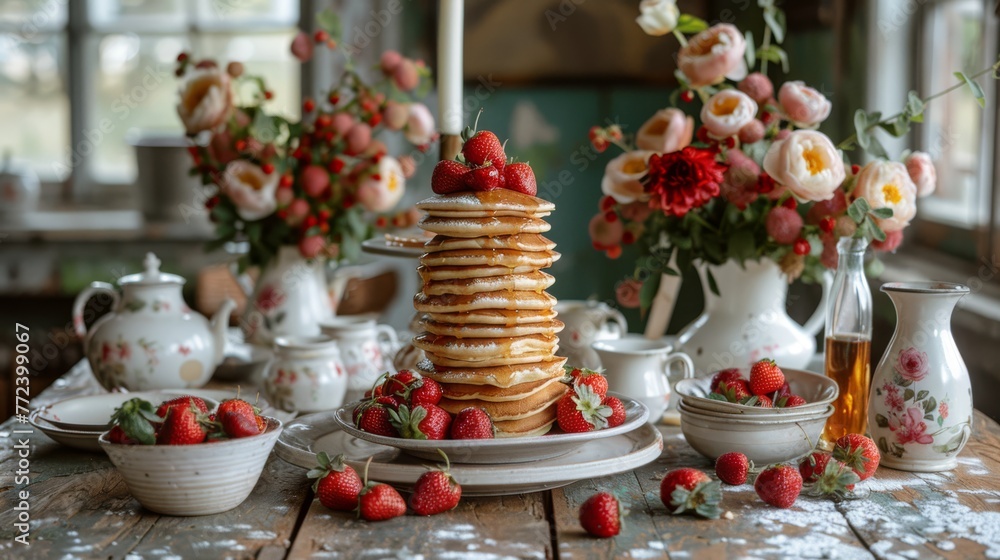  A photo of pancakes on a table with strawberries and flower vases