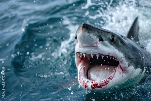 Shark with jaw open under water, shark with teeth