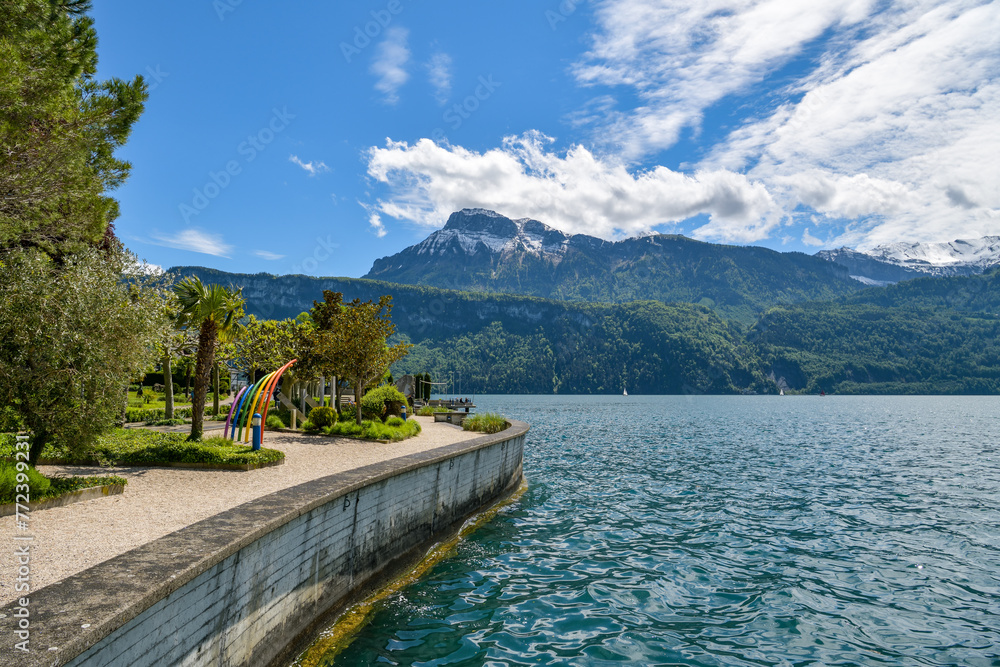 Waterfront near lake Luzern in small villag of Gersau in Switzerland