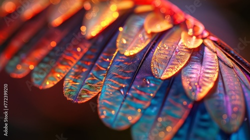 A colorful feather with a rainbow of colors. The feather is wet and has a shiny appearance. The colors of the feather are vibrant and eye-catching, making it a beautiful and unique piece of nature