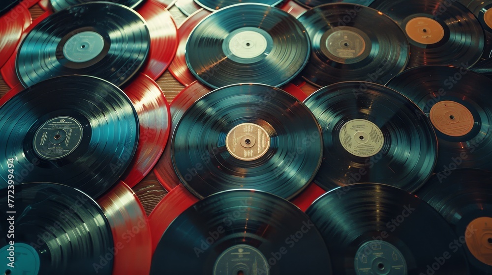 A collection of old records with a red background. The records are of various sizes and colors, and they are arranged in a way that creates a sense of depth and texture A collection of old records with a red background. The records are of various sizes and colors, and they are arranged in a way that creates a sense of depth and texture