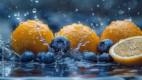  Blueberries  oranges  and lemons splashed into water  creating a splash