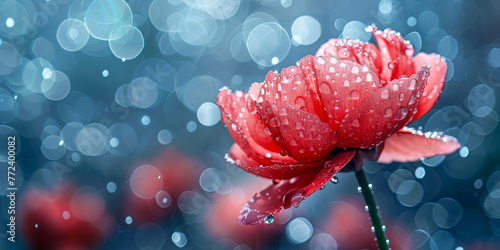 The intricate layers of a crimson ranunculus with dewdrops are magnified against an ethereal backdrop