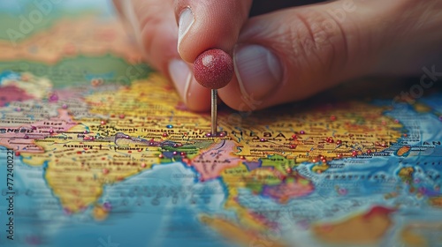 Pin being placed on a map by a hand