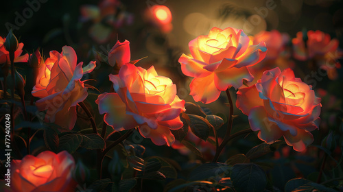 A close up of a field of roses with a warm, glowing light. The roses are in various shades of pink and yellow, and the light creates a serene and peaceful atmosphere