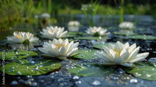  White lilies float atop water's surface, lily pads resting above © Nadia