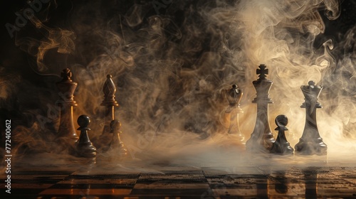 A chess board with smoke in the background. The smoke is coming from a fire. The chess pieces are arranged in a way that they are in the middle of the board