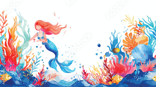 Watercolor illustration Beautiful Mermaid and sea c