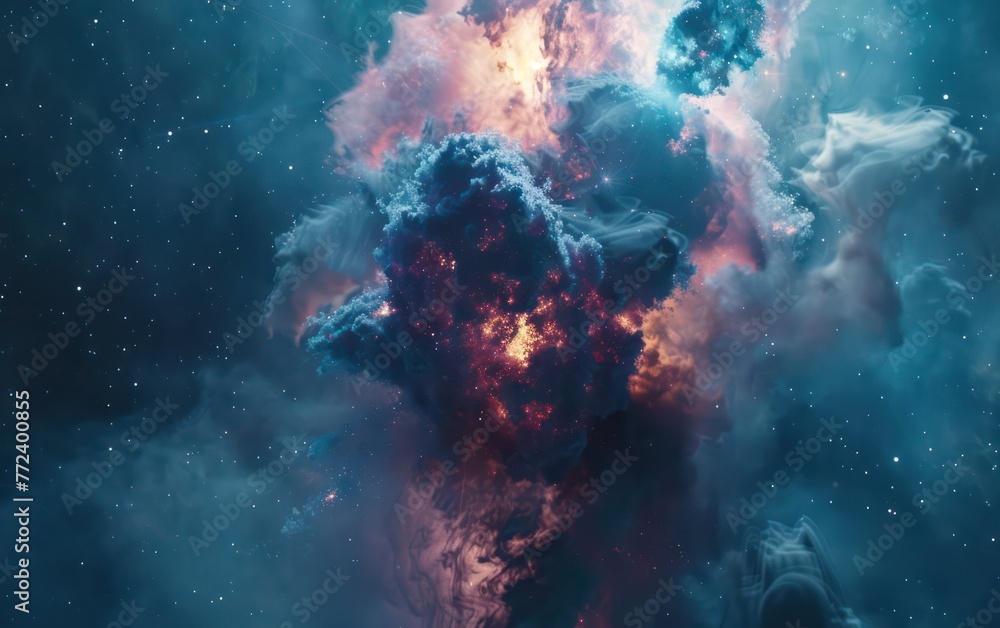Obraz premium This image captures the awe-inspiring beauty of a vast nebula, with vibrant colors and a myriad of stars scattered throughout, evoking a sense of wonder
