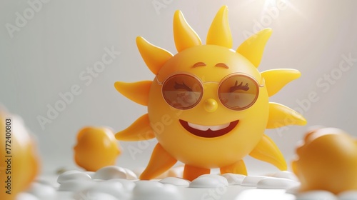 A cartoon sun with sunglasses on its face is smiling. The sun is surrounded by several other cartoon suns, creating a playful and cheerful atmosphere