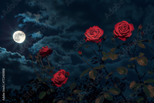 A group of red roses are in a field with a full moon in the background. Scene is serene and peaceful  as the moonlight illuminates the flowers and the sky