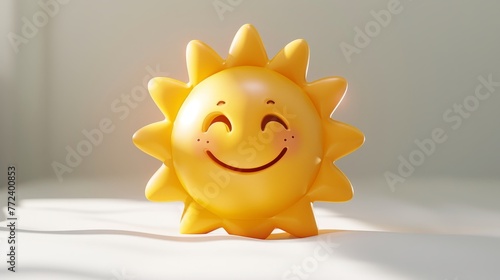 A yellow sun with a smiling face is sitting on a white surface. The sun is happy and cheerful, and it seems to be enjoying the warmth of the sun