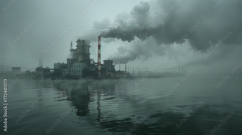  A factory emitting smoke, near a waterbody on a foggy day