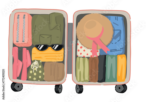 Doodle of opened suitcase full of things. Clipart of travel baggage, luggage, trip attribute. Cartoon vector illustration isolated on white.