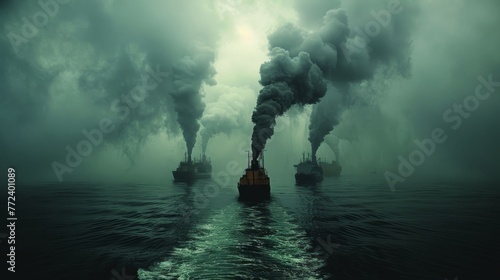  A flotilla of vessels on a waterway, emitting steam from their funnels
