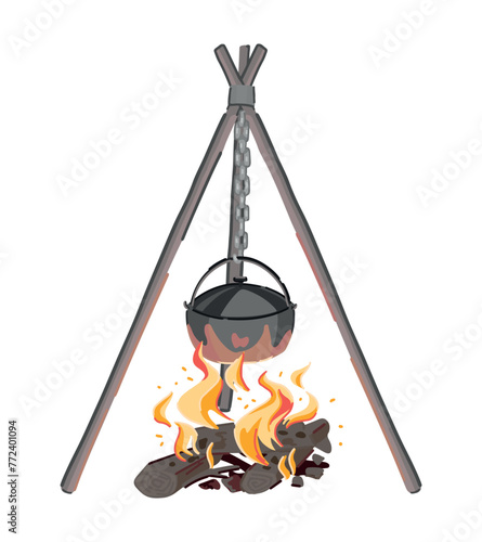 Campfire doodle. Clipart of cauldron over the fire on tripod. Cartoon vector illustration isolated on white.