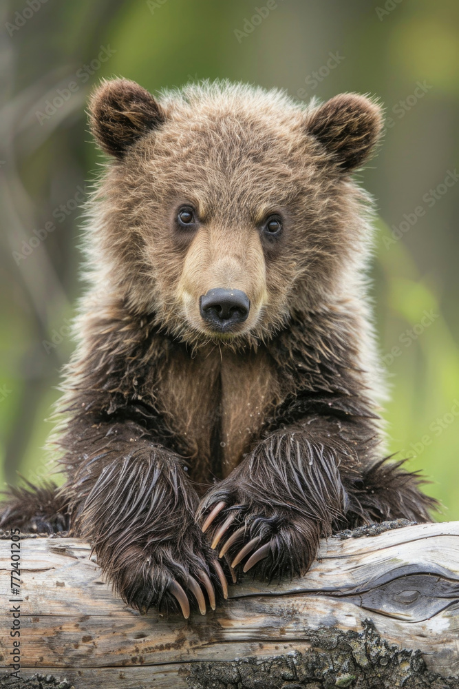 A grumpy grizzly cub with a scowling expression and big, fluffy paws