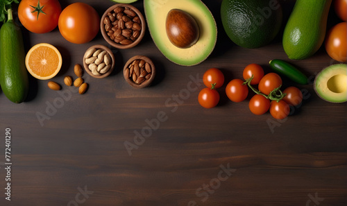 Table with different fruits and vegetables, tomatoes, avocado, salads