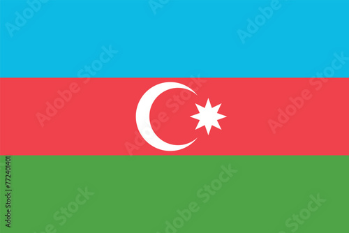Flag of Azerbaijan. Horizontal tricolor: blue, green, red. Crescent and eight-pointed star. State symbol of the Azerbaijan Republic.