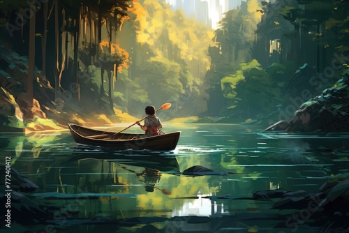 boy rowing a boat in a river through the forest, digital art style, illustration painting photo