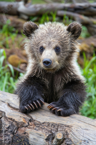 A grumpy grizzly cub with a scowling expression and big, fluffy paws