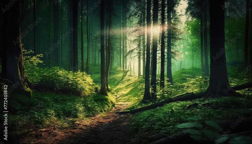 Green forest with cool sunlight in the morning Generate AI