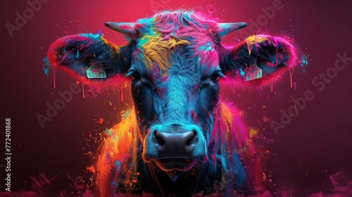  A cow painting with vibrant paint splatters on its face and neck against a red backdrop