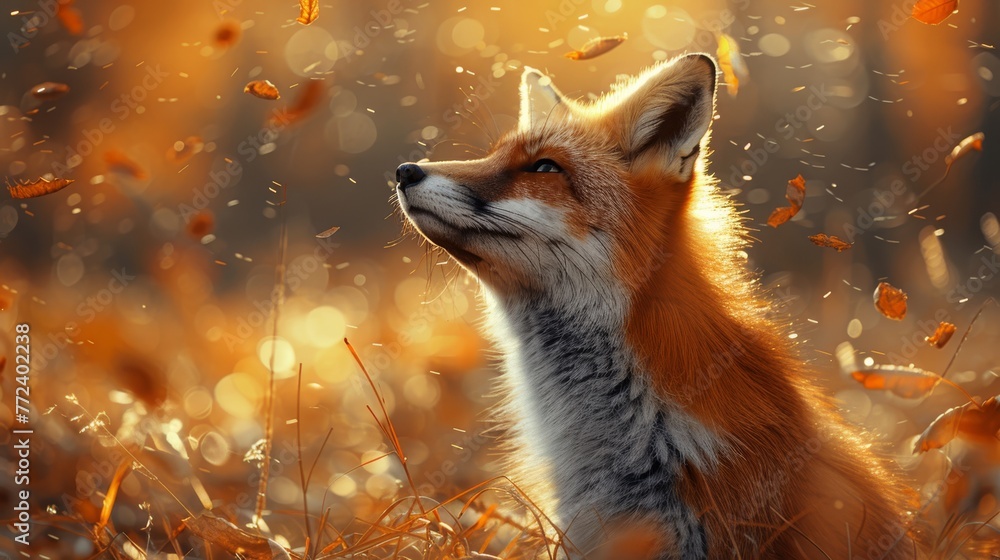 A sharp photo of a fox amidst rustling leaves and grass A sharp photo of a fox amidst rustling leaves and grass