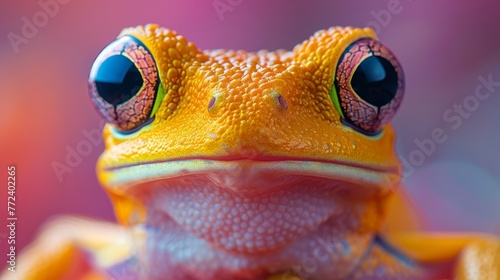 A macro photo of a frog with sharp focus on its eyes, set against a solid background color