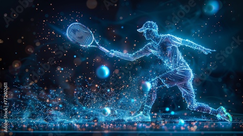 A man is playing tennis in a digital image. The image is in black and white and has a futuristic feel to it. The man is holding a tennis racket and he is in motion, possibly hitting a ball © Sodapeaw