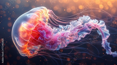  Close-up photo of a jellyfish in a clear, bright water with a hazy background light