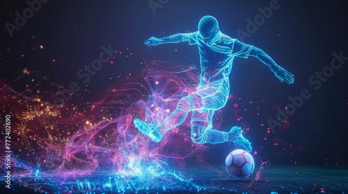 A man in a soccer jersey kicks a ball in a colorful, swirling background. Concept of motion and energy, as if the soccer player is in the midst of a dynamic play