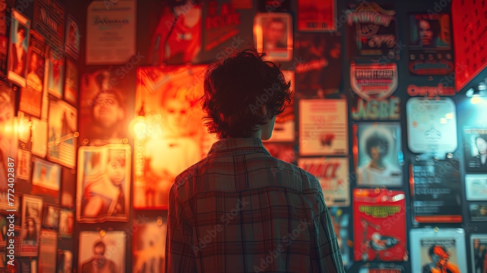 Close-up view of a wall adorned with posters of favorite bands, movies, and inspirational quo