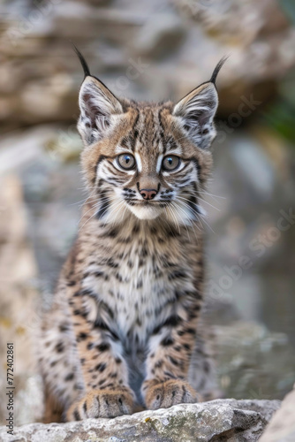 A curious bobcat kitten with big, tufted ears and a playful expression