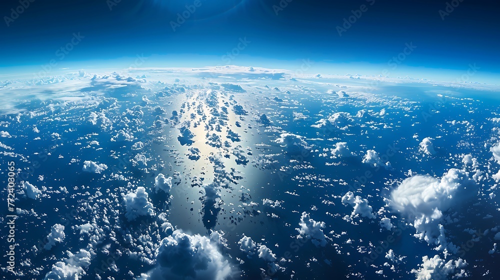 Curvature of planet blue sky and clouds over land Curvature of planet blue sky and clouds over land