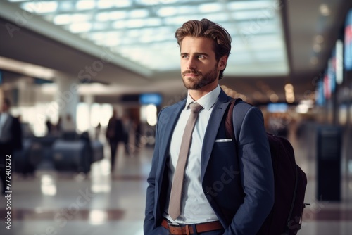 Relaxed Smiling businessman in airport terminal. Manager waiting at flight gate. Generate ai