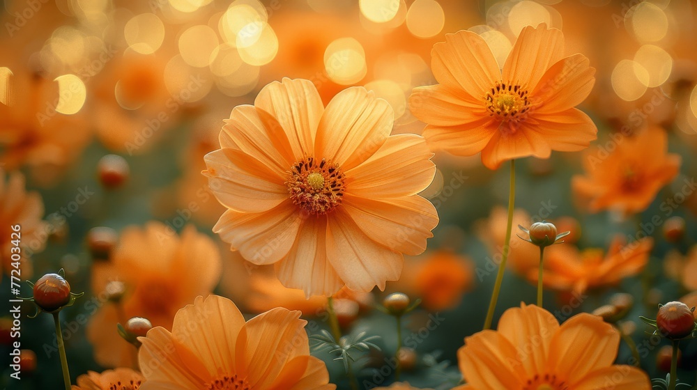 A photo captures an orange-flowered field bathed in sunlight, with clear images of the flowers and a faintly blurred backdrop of the blooms A photo captures an orange-flowered field bathed in sunlight, with clear images of the flowers and a faintly blurred backdrop of the blooms