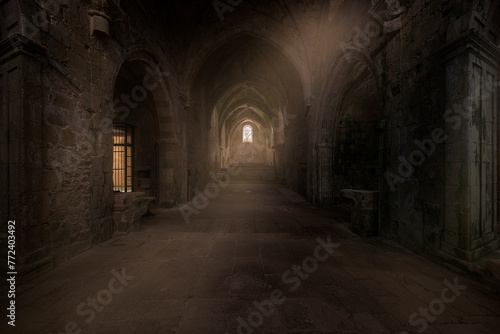 Interior of the monastery of Santa Maria de Rioseco  in Burgos  on a cold winter morning with a ray of light entering through a window