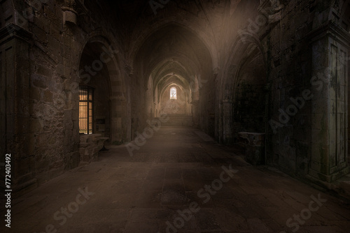 Interior of the monastery of Santa Maria de Rioseco, in Burgos, on a cold winter morning with a ray of light entering through a window