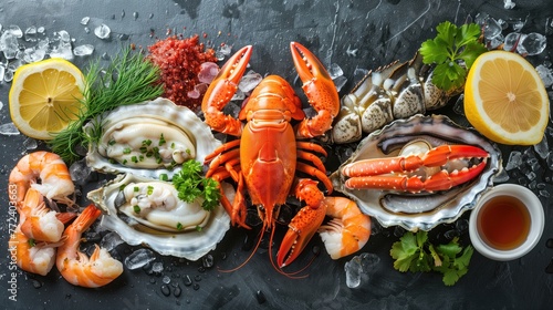 Various seafood displayed on table for delicious recipes