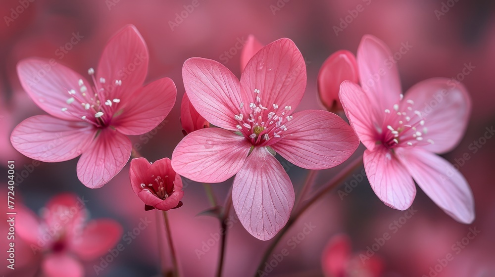 Pink blooms in a vase, water droplets adorn petals Pink blooms in a vase, water droplets adorn petals