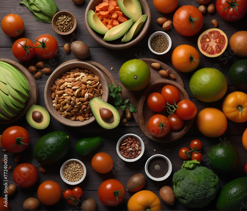 Table with different fruits and vegetables  tomatoes  avocado  salads