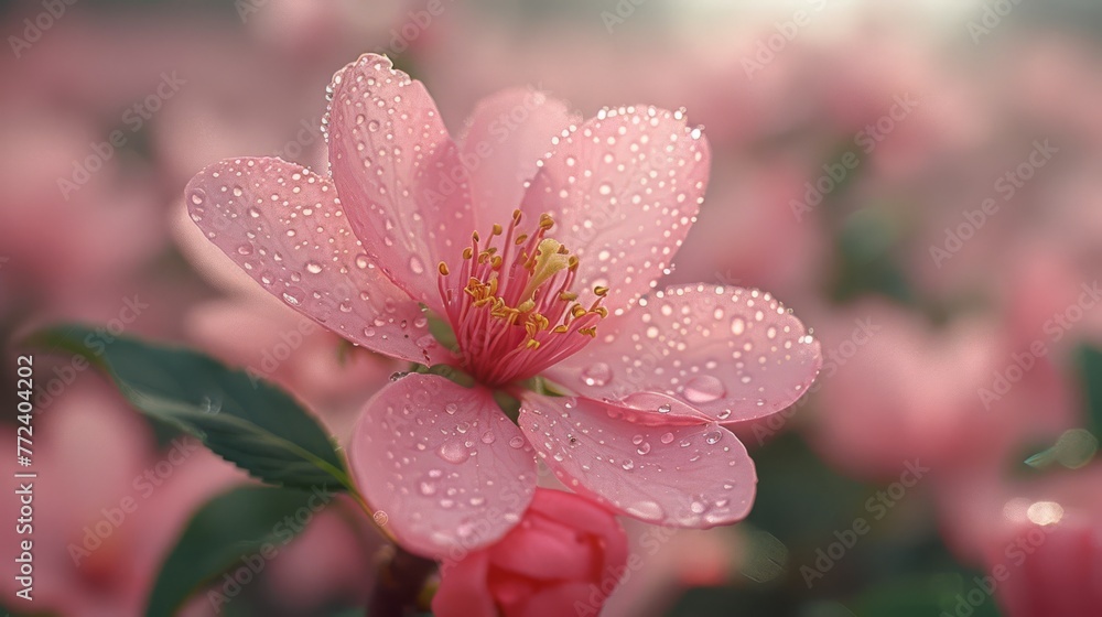 Pink flower in close-up, drips water, pink backdrop Pink flower in close-up, drips water, pink backdrop